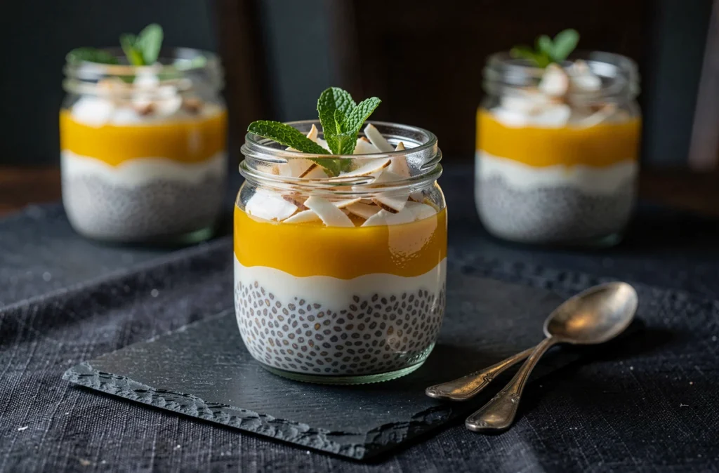 Pudding aux graines de chia en verrine avec coulis de mangue et noix de coco sur table sombre