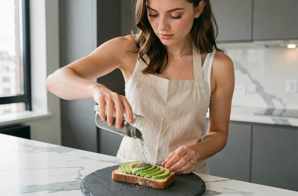 Femme préparant un toast à l'avocat avec des graines de chia dans une cuisine moderne