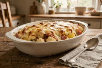Gratin de chou-fleur et pommes de terre au jambon doré au four dans un plat ovale en céramique sur une table en bois rustique