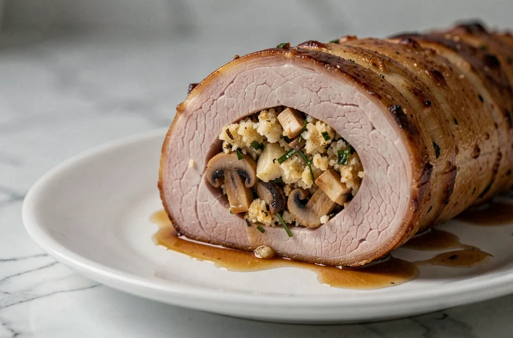 Gros plan d'une paupiette de porc tranchée révélant sa farce aux herbes et champignons sur assiette blanche