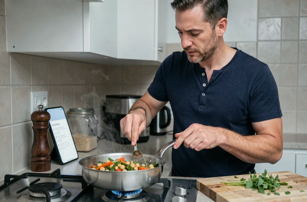 Homme cuisinant un sauté de légumes et pois chiches rapide dans une poêle un soir de semaine chargé