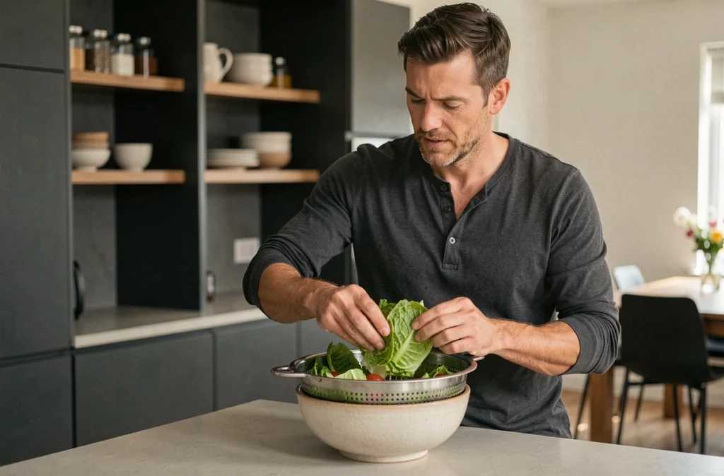 Homme préparant une salade en vidant une essoreuse dans un saladier en céramique dans une cuisine moderne