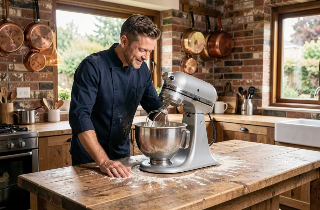 Homme préparant de la pâte avec un robot pâtissier professionnel dans une cuisine rustique aux murs en briques