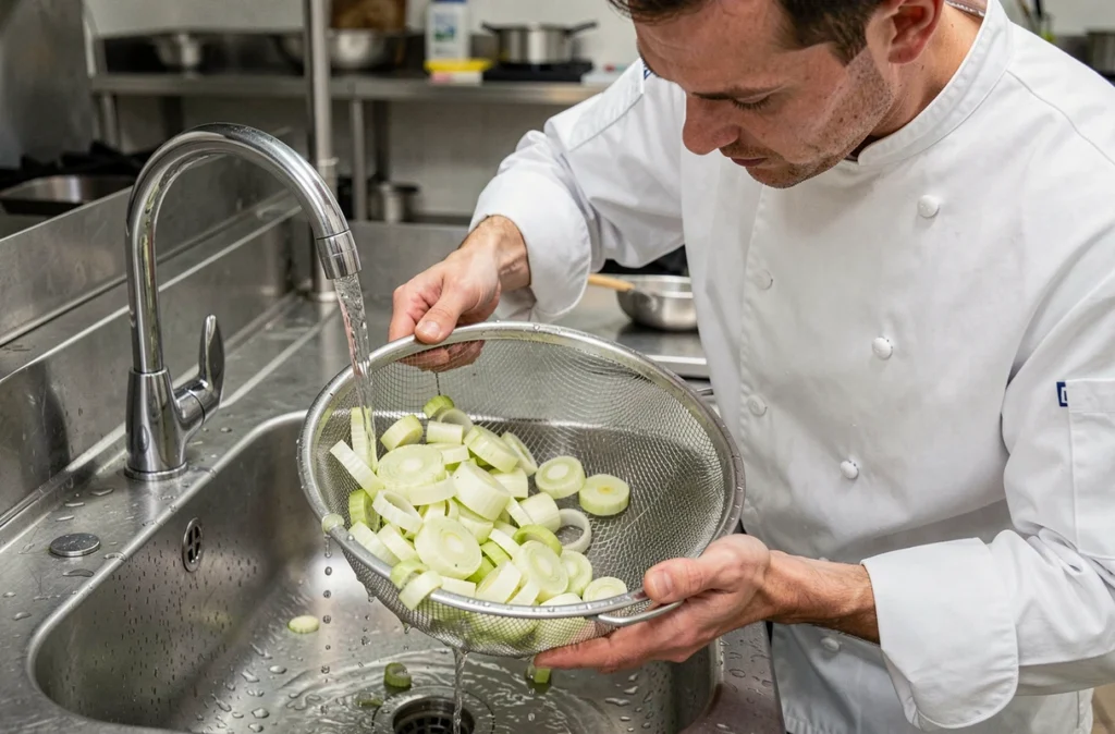 Chef professionnel rinçant des poireaux coupés dans une passoire sous l'eau courante en cuisine professionnelle