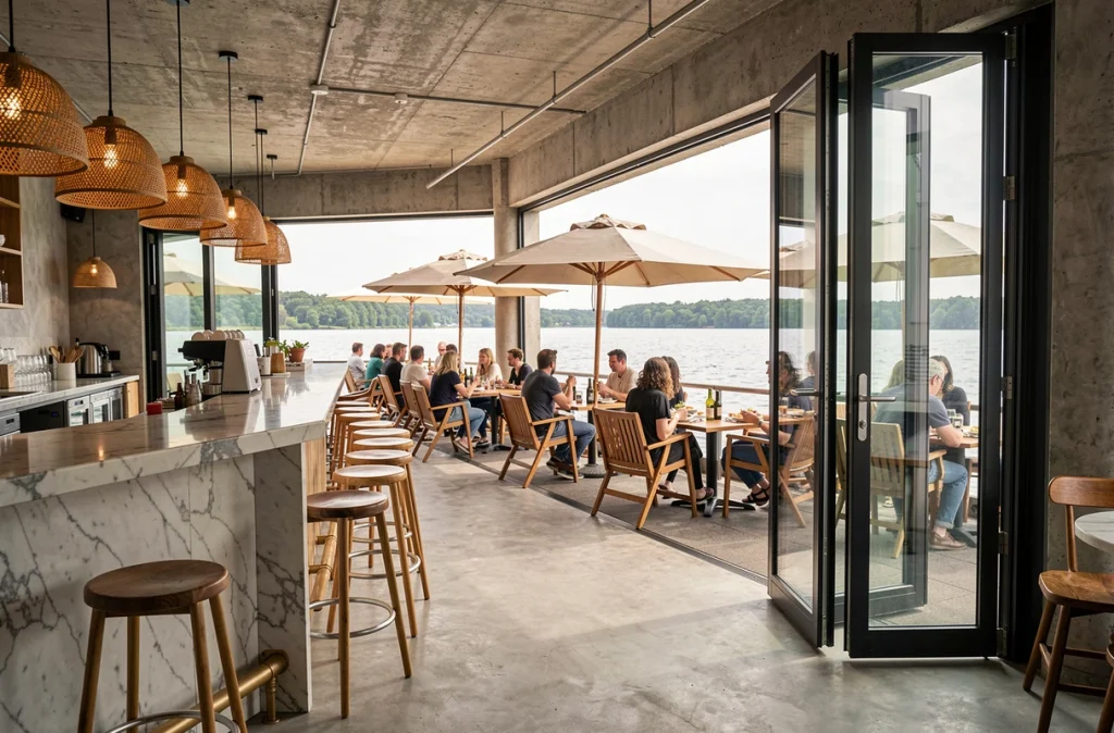 Vue depuis l'intérieur d'un restaurant de Bordeaux Lac vers la terrasse animée avec vue sur le lac