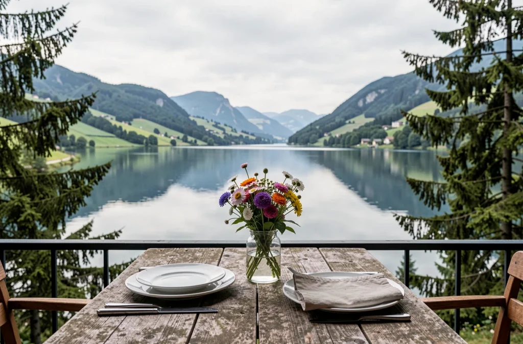 Table de restaurant en terrasse à L'Éphémère à Malbuisson avec vue sur le lac de Saint-Point dans le Doubs