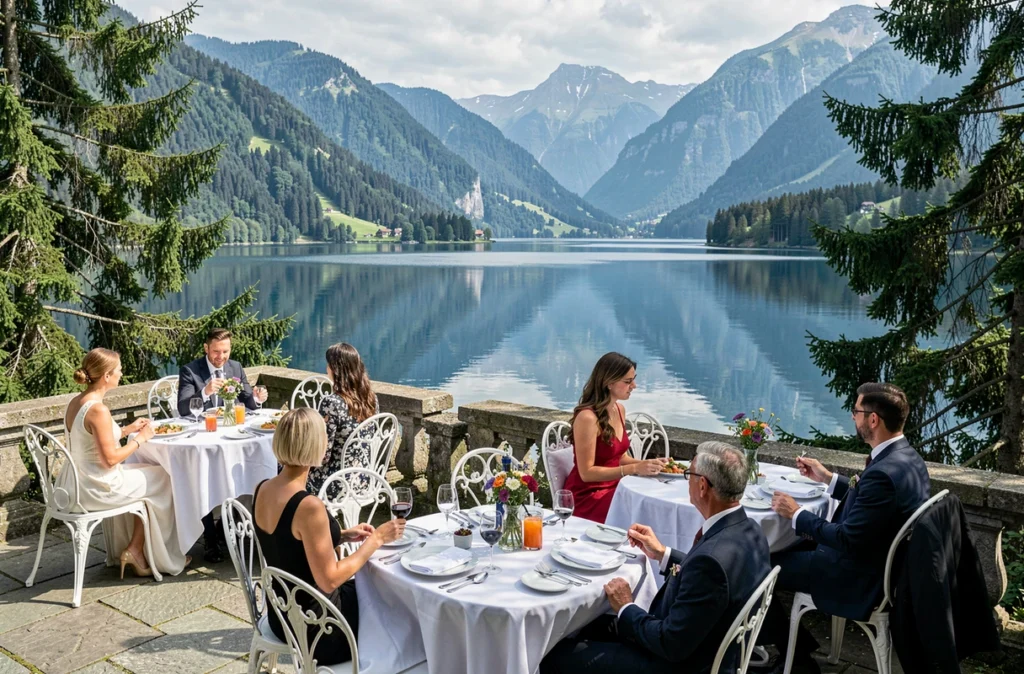 Terrasse romantique du restaurant La Belle Époque à Gérardmer avec vue panoramique sur le lac et les montagnes vosgiennes