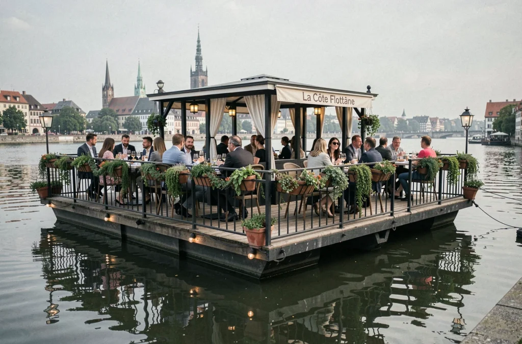 Terrasse flottante du restaurant La Côte Flottante à Strasbourg avec vue sur la rivière Ill et la cathédrale