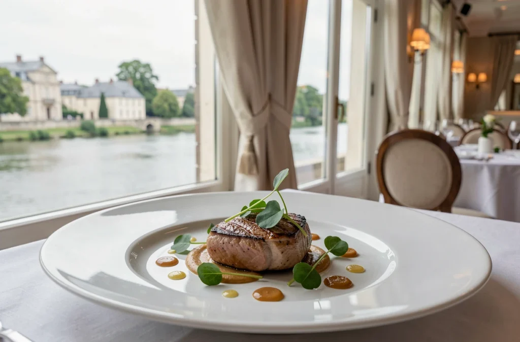 Assiette gastronomique raffinée de La Côte Saint-Jacques à Joigny avec vue sur l'Yonne en arrière-plan