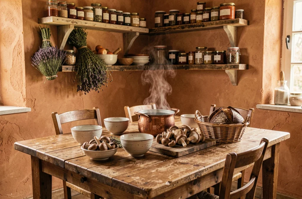 Table rustique de La Table de Jérôme à Luzy avec champignons locaux, poterie artisanale et pain de campagne