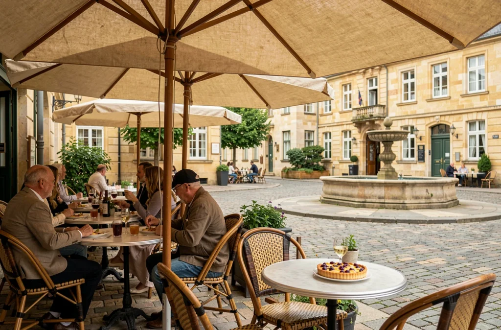 Terrasse conviviale du restaurant Le Bouche à Oreille à Metz avec tables sur place pavée et parasols en lin naturel