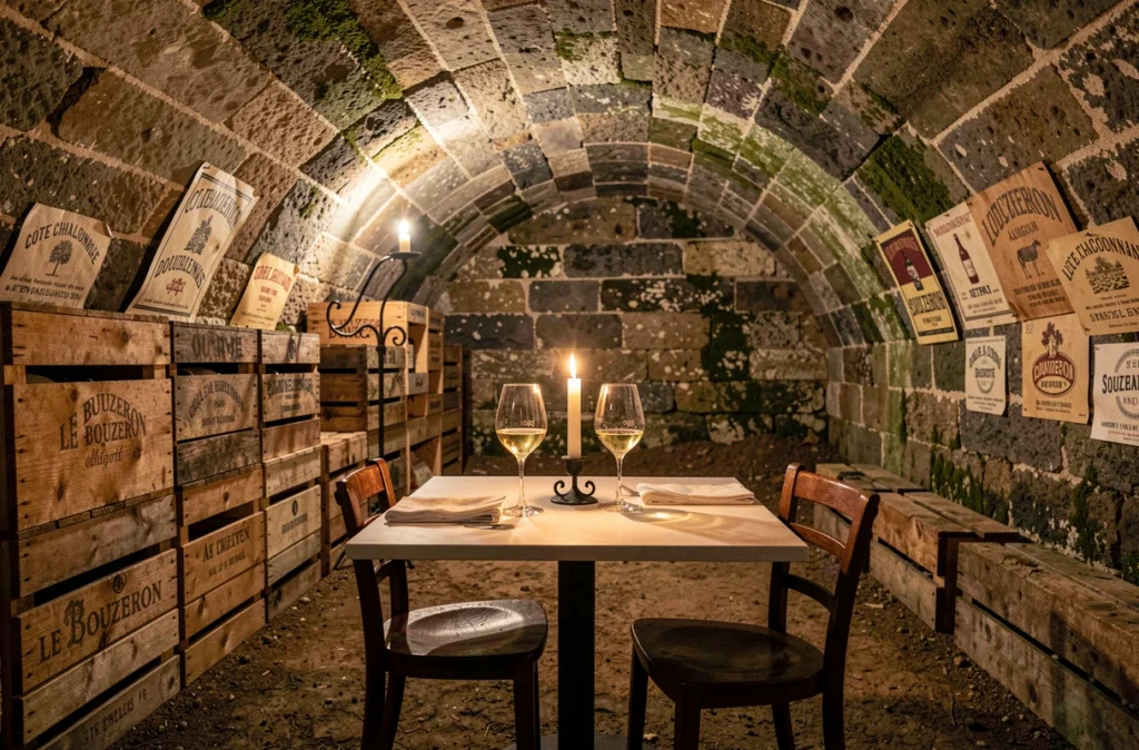 Cave voûtée du restaurant Le Bouzeron à Bouzeron avec verres d'Aligoté et décor de pierre ancienne à la bougie