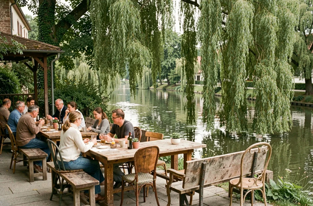 Terrasse du restaurant Le Lavoir à Strasbourg au bord d'un canal avec tables en bois et végétation luxuriante