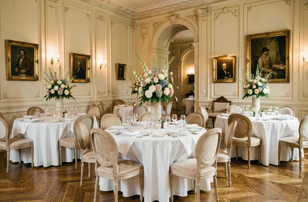 Salle à manger luxueuse de la Maison Loiseau des Sens à Saulieu avec tables dressées et décor classique bourguignon