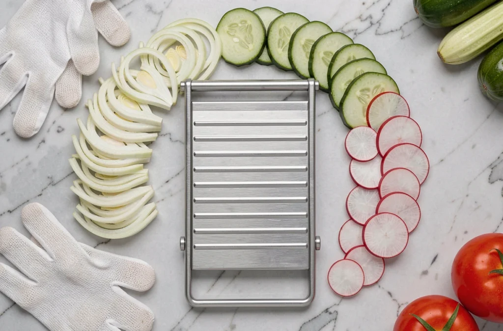 Vue aérienne d'une mandoline professionnelle entourée de tranches fines et régulières de fenouil, concombre et radis sur marbre blanc
