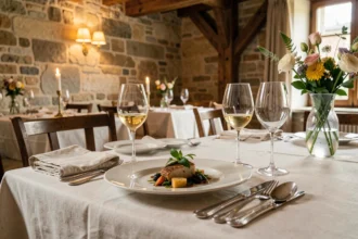 Table gastronomique élégamment dressée dans un restaurant des Pays de la Loire, avec un plat raffiné, des verres en cristal et une décoration en pierre de tuffeau