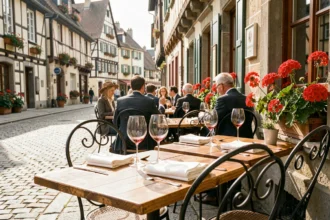 Terrasse de restaurant typique en Alsace avec tables dressées et architecture à colombages en arrière-plan