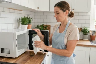 Femme nettoyant l'intérieur d'un four à micro-ondes avec un chiffon humide pour prolonger sa durée de vie