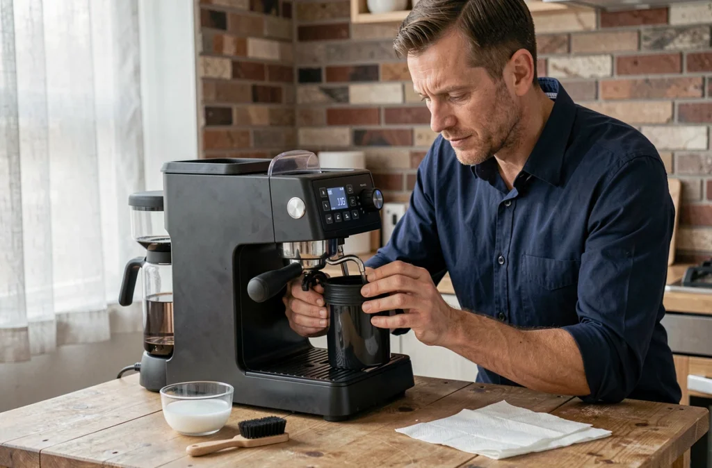 Homme démontant les pièces d'une cafetière expresso pour un nettoyage complet avec du vinaigre blanc