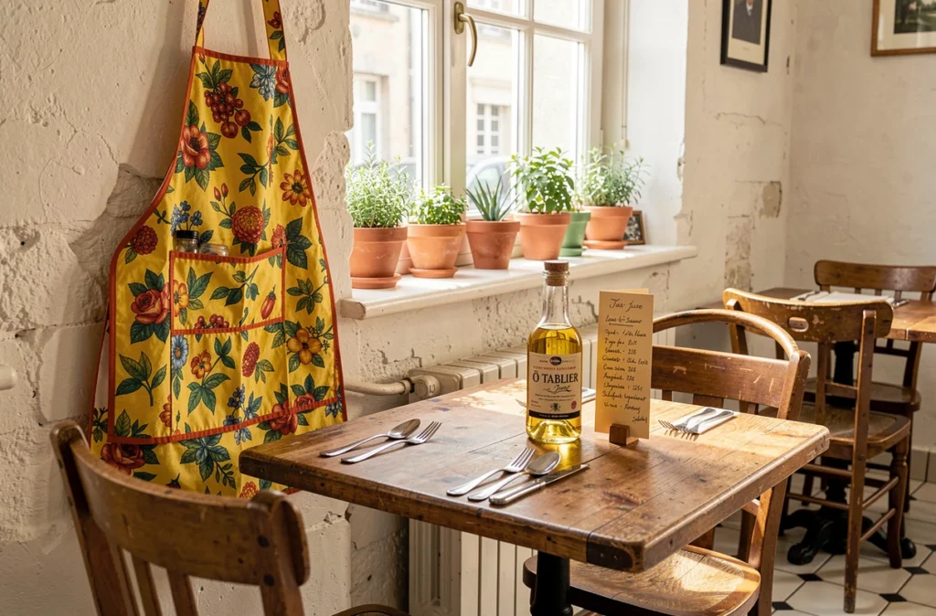 Table de bistrot conviviale d'Ô Tablier à Lons-le-Saunier avec tablier décoratif et carafe de vin jaune du Jura