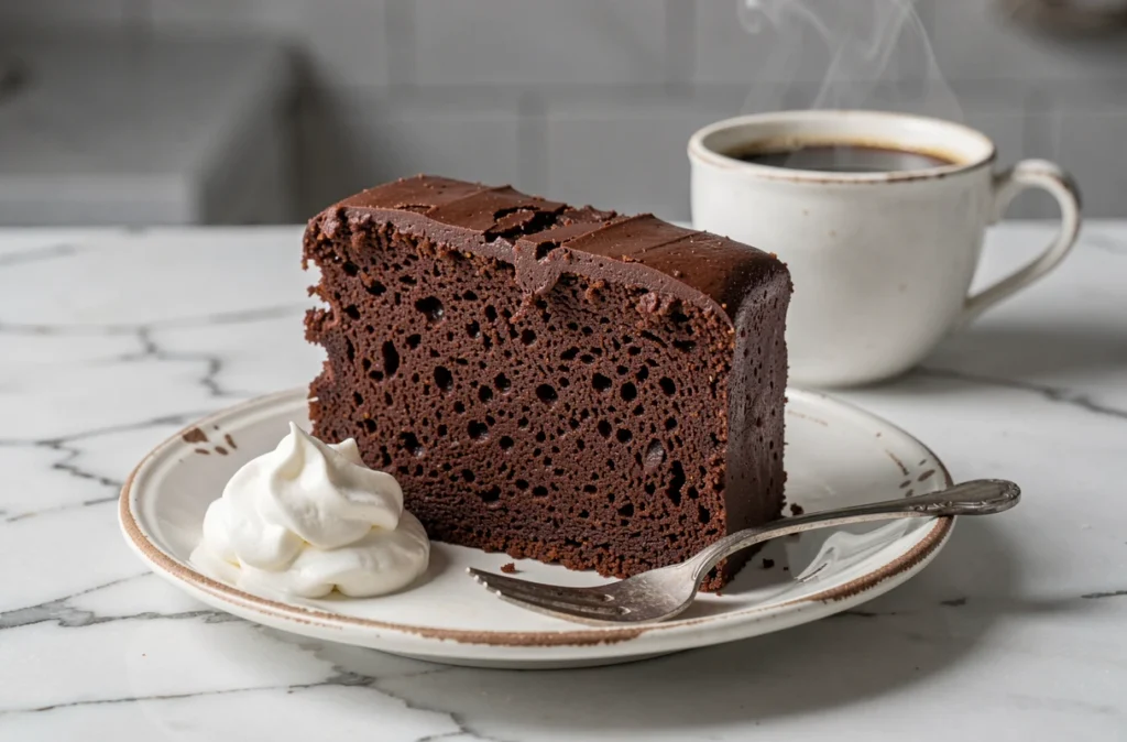 Part de gâteau au chocolat fondant servi avec de la crème fouettée et un café sur marbre blanc