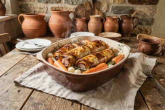 Plat de paupiettes de porc au four dorées avec carottes et oignons dans une cocotte rustique sur table en chêne