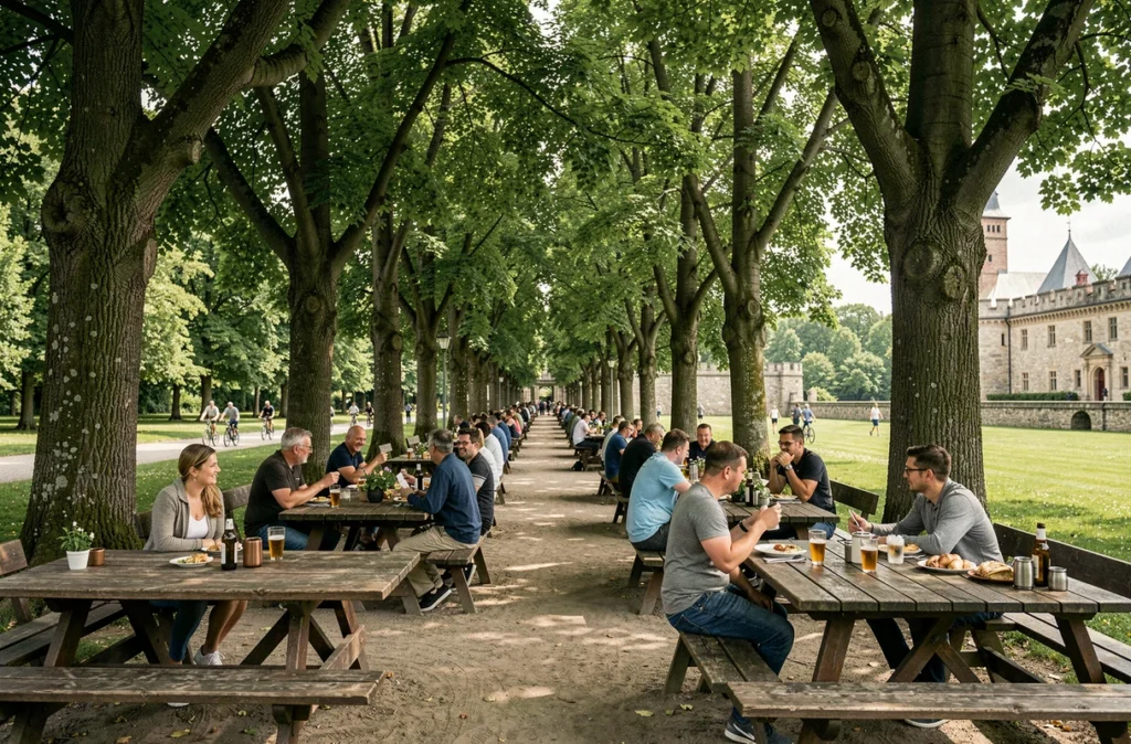 Terrasse du Phare Citadelle à Strasbourg dans un cadre verdoyant avec tables en bois sous les marronniers du parc