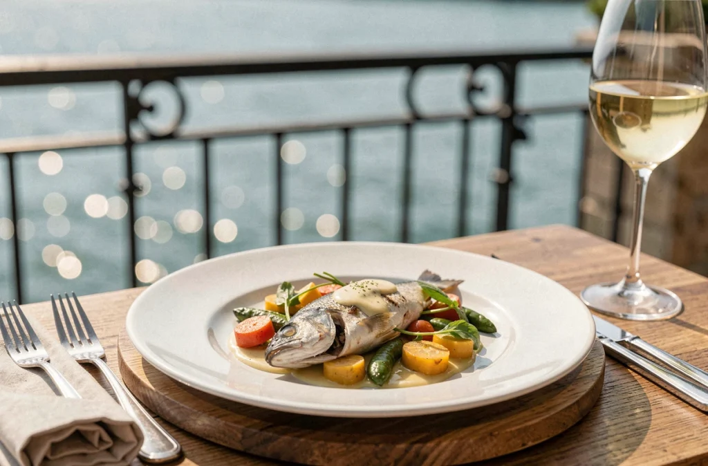 Plat de poisson grillé servi en terrasse d'un restaurant au bord du lac à Bordeaux avec vue sur l'eau