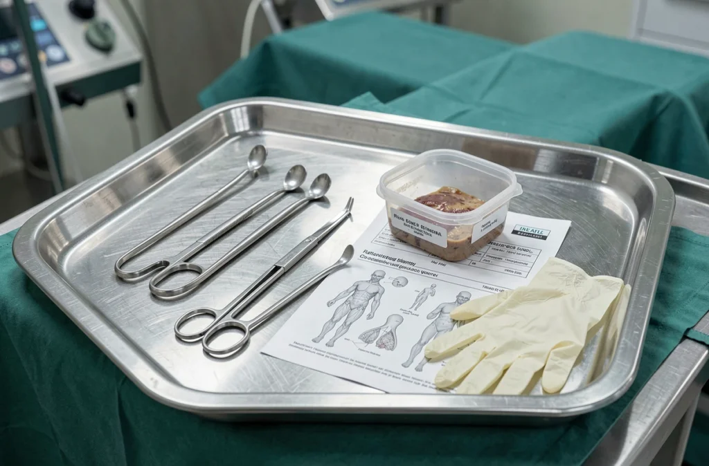 Plateau chirurgical stérile avec instruments médicaux et conteneur de prélèvement tissulaire, symbolisant l'analyse pathologique des phénomènes d'autolyse en chirurgie