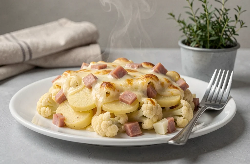 Portion individuelle de gratin de chou-fleur au jambon et pommes de terre servie dans une assiette blanche avec une fourchette