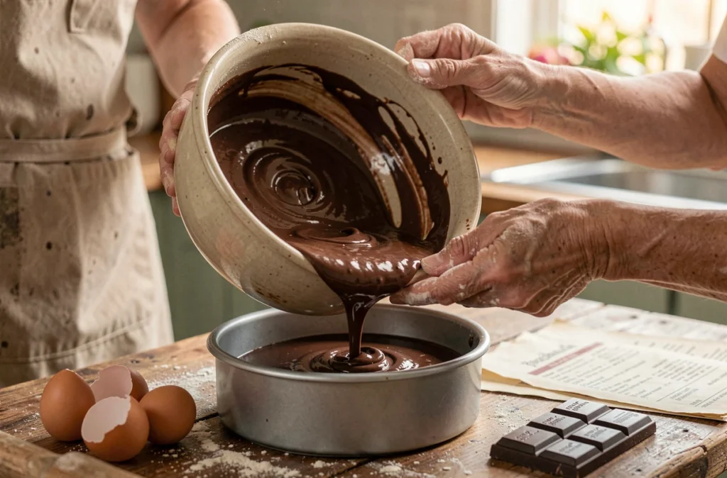 Mains de grand-mère versant la pâte au chocolat dans un moule pour un gâteau moelleux maison