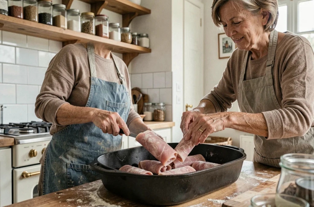 Femme préparant des paupiettes de porc à la main avant cuisson au four dans une cuisine familiale française