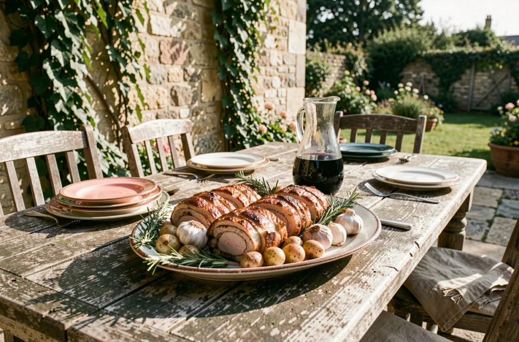 Table de repas dominical en terrasse avec plat de paupiettes de porc rôties, pommes de terre et carafe de vin rouge