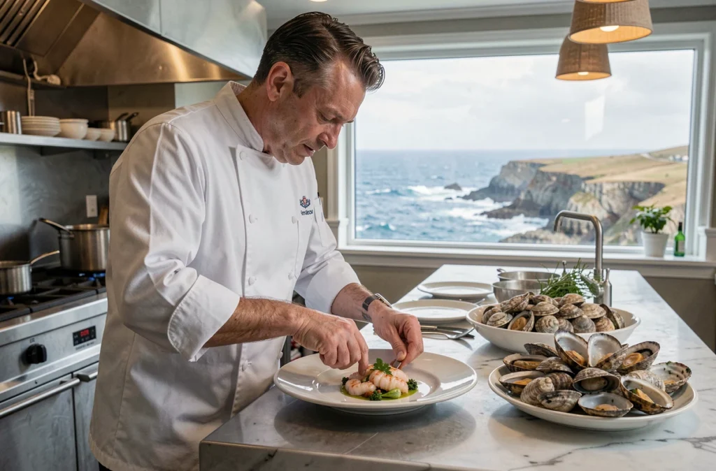 Chef en veste blanche dressant un plat de fruits de mer raffiné avec vue sur la côte atlantique à La Plaine-sur-Mer, restaurant Anne de Bretagne