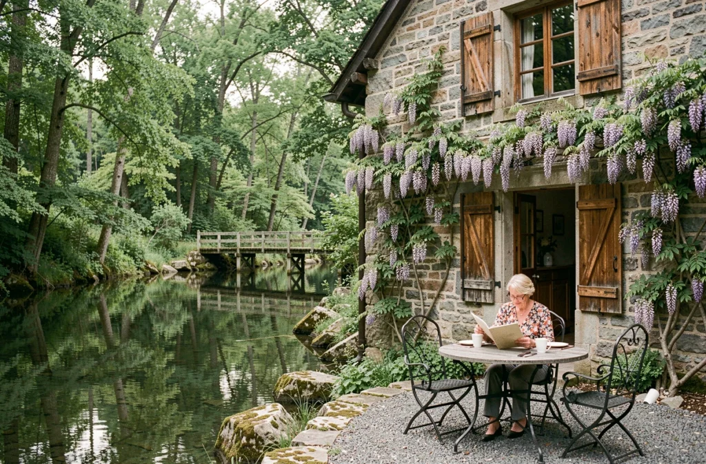 Terrasse de l'Auberge du Vieux Gachet à Carquefou, vieux moulin en pierre au bord de la rivière avec treilles fleuries et table gastronomique en plein air
