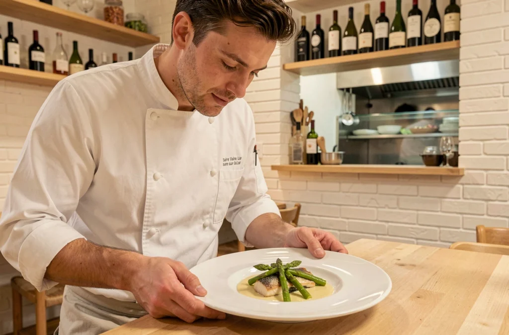 Chef du restaurant Bénureau à Sainte-Luce-sur-Loire dressant un plat de poisson de Loire avec beurre blanc et asperges vertes dans une cuisine ouverte