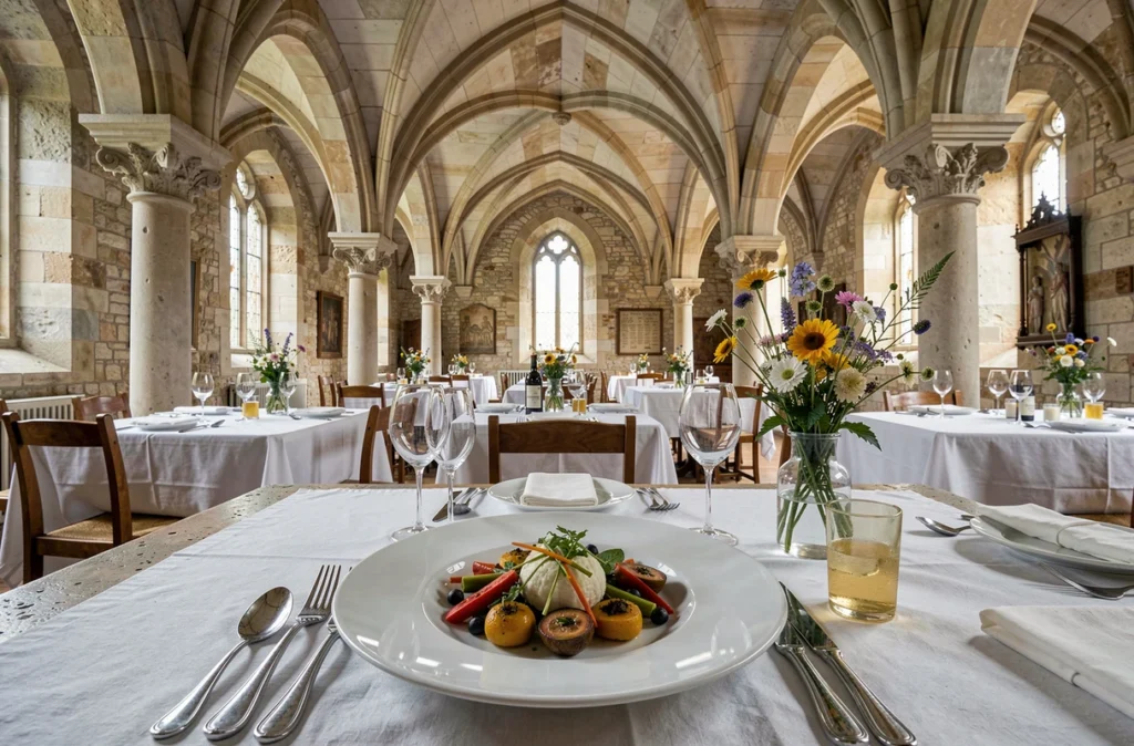 Assiette gastronomique posée sur une table en pierre dans la salle voûtée de Fontevraud L'Ermitage, avec arches romanes de l'abbaye en arrière-plan