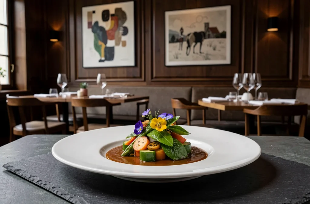 Assiette gastronomique du Restaurant Jean-Michel Couron à Nevers avec légumes de saison et réduction raffinée