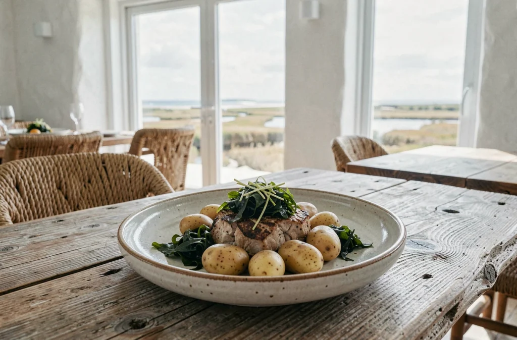 Assiette gastronomique inspirée des saveurs de l'île de Noirmoutier, avec pommes de terre locales et légumes marins, servie à La Marine