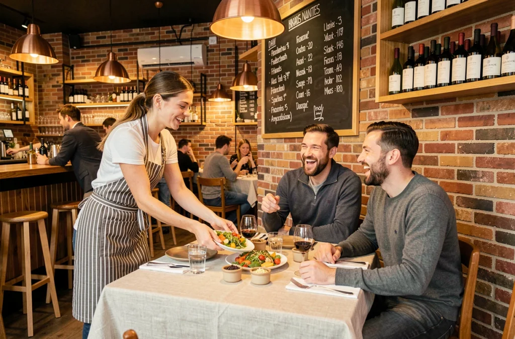 Scène animée du restaurant Les Cadets à Nantes avec serveur apportant un plat végétal coloré à des clients souriants dans un décor de bistro contemporain