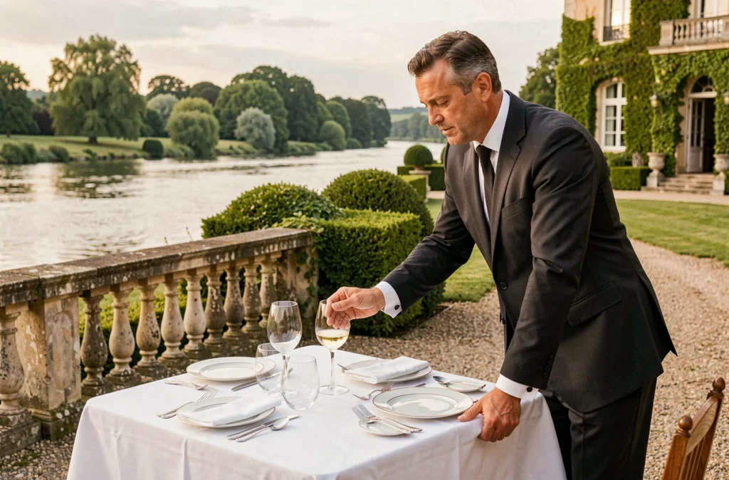 Terrasse gastronomique du Manoir de la Régate à Nantes avec vue sur la Loire, table dressée et serveur présentant un verre de Muscadet
