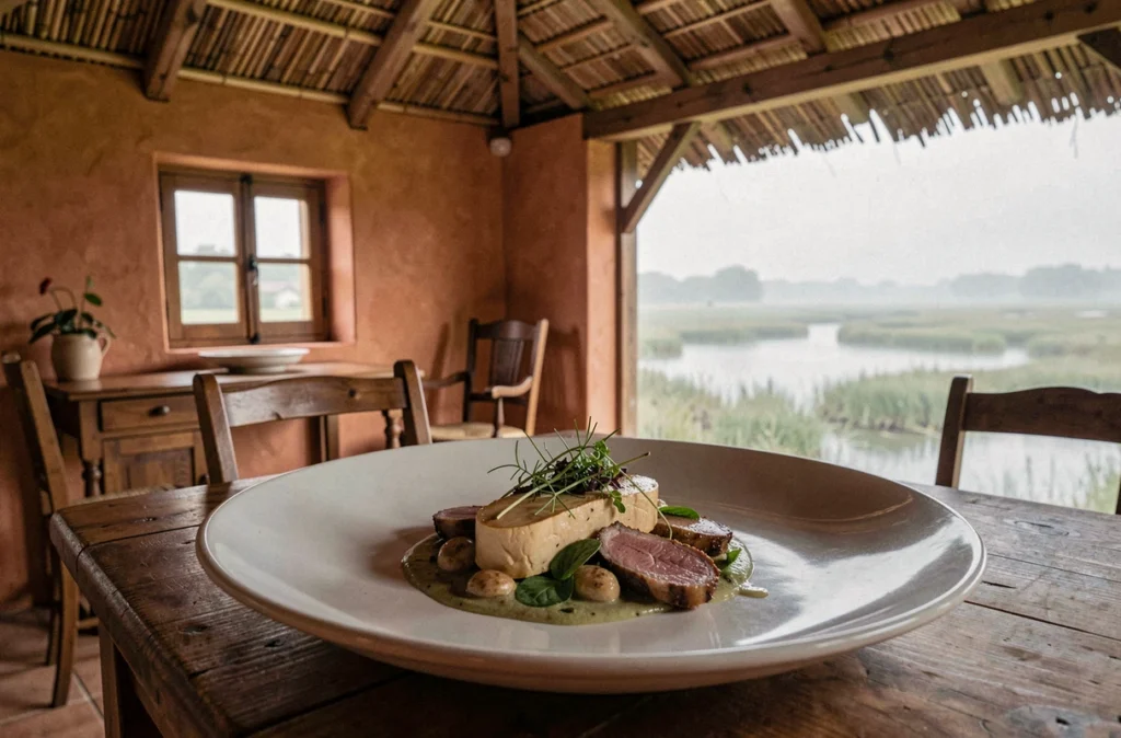 Plat gastronomique inspiré de la Grande Brière avec canard et herbes sauvages locales, servi à La Mare aux Oiseaux à Saint-Joachim avec vue sur les marais