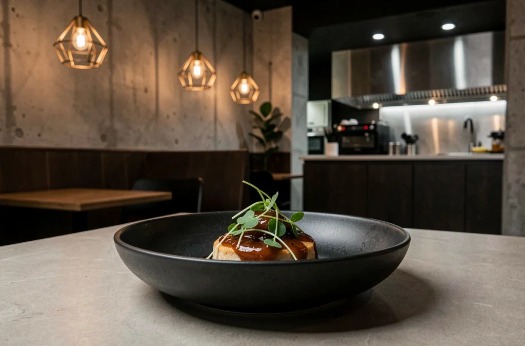 Plat de fusion franco-coréenne élaboré sur une assiette en céramique sombre, servi dans le restaurant Omija à Nantes avec décor contemporain urbain