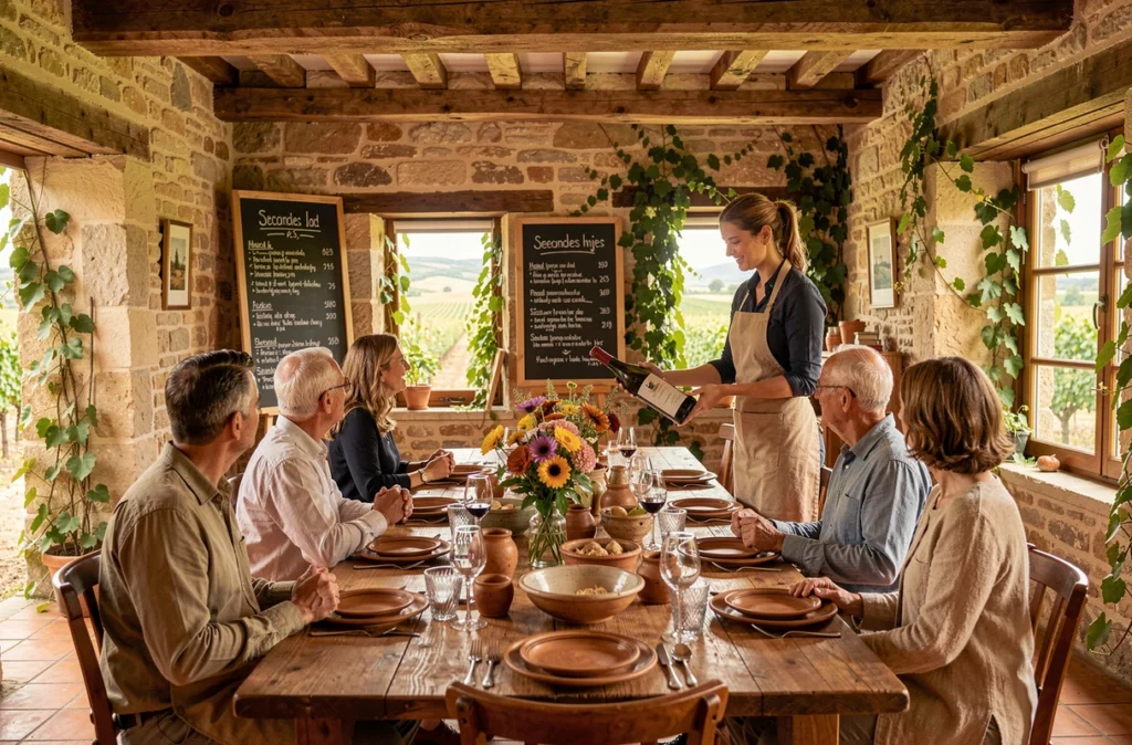 Salle à manger rustique et raffinée de La Table de la Bergerie en Anjou, avec murs en pierre, poterie artisanale et vue sur les vignobles