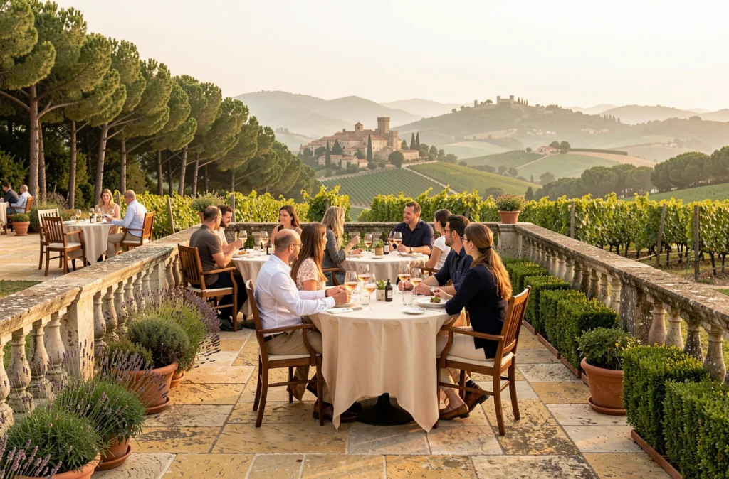 Terrasse de La Table du Castellet avec vue sur les vignobles et le village médiéval du Var
