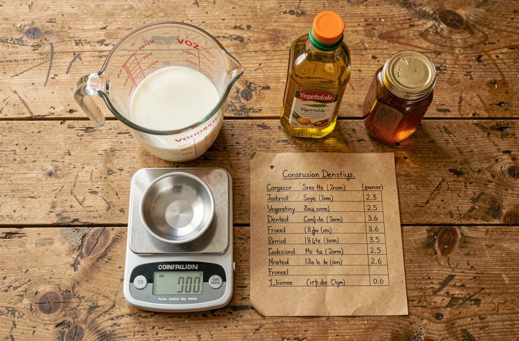 Vue de dessus d'un tableau de conversion grammes-litres artisanal entouré d'ingrédients comme le lait, l'huile et le miel sur une table en bois