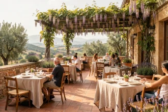 Terrasse de restaurant en Provence avec vue sur les collines, tables dressées sous une pergola fleurie