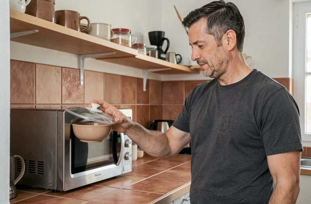 Homme utilisant un couvercle adapté pour protéger son micro-ondes des éclaboussures et prolonger son bon fonctionnement