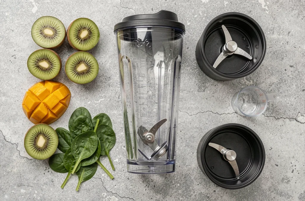 Vue de dessus d'un blender personnel démonté entouré d'ingrédients frais pour préparer un smoothie maison