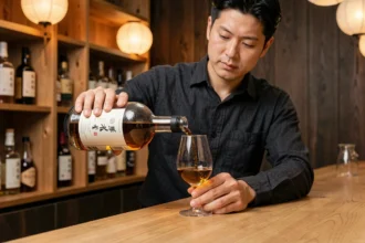 Homme versant un whisky japonais abordable dans un verre Glencairn dans un bar japonais traditionnel